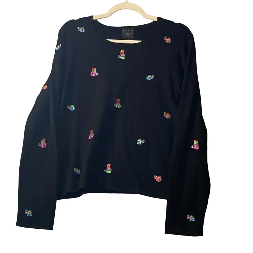 Vtg B. Moss Tailor‎ Black Sweater Women Medium Embroidered Christmas Gifts